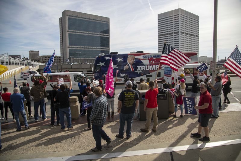 President Donald Trump supporters rally outside of State Farm Arena in downtown Atlanta, Thursday, November 5, 2020. Inside State Farm Arena, workers were busy finishing up the process of counting ballots from Fulton County voters. (Alyssa Pointer / AJC file photo)