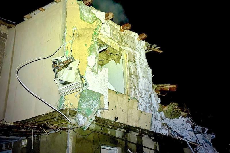 In this photo provided by the Mayor of Odesa Hennadii Trukhanov in Telegram, a view of the damage after a Russian drone attack in Odesa, Ukraine, Tuesday, April 23, 2024. (Mayor of Odesa Hennadii Trukhanov via AP)