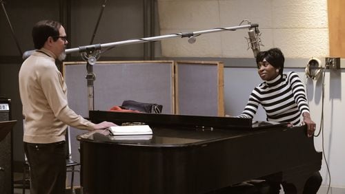 Music producer Jerry Wexler (L), played by David Cross, talks with Aretha Franklin, played by Cynthia Erivo, in the studio. Credit: National Geographic/Richard DuCree