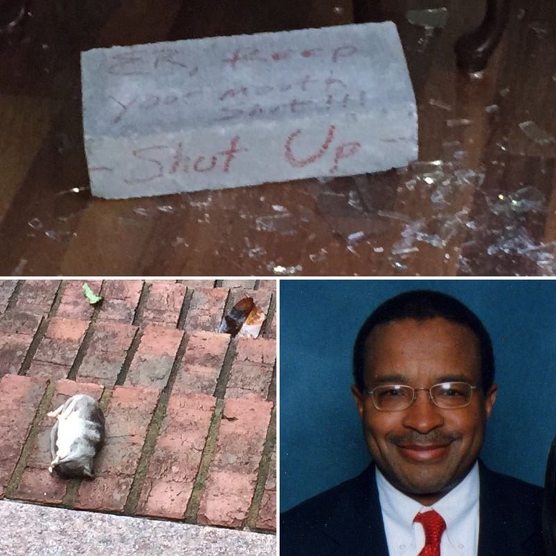 This collage, top, shows a brick thrown through a window at Elvin “E.R.” Mitchell Jr.’s home in southwest Atlanta in September 2015, Mitchell, right, and one of the dead rats left at his home in September 2015. SPECIAL