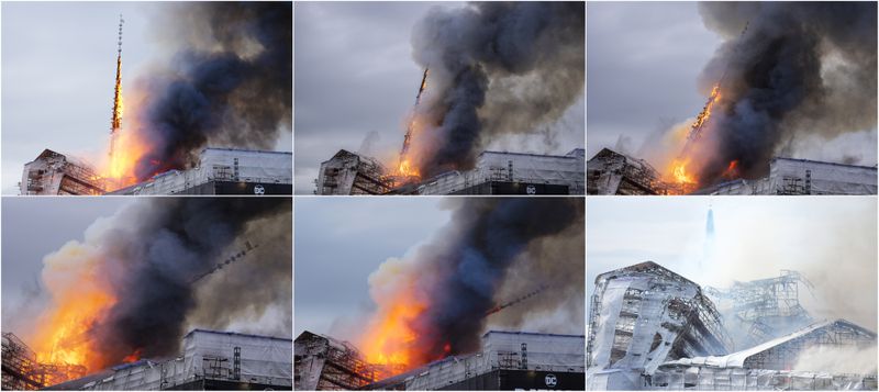 This photo combo of six shows from top left the progress of spire collapsing as fire and smoke rise out of the Old Stock Exchange, Boersen, in Copenhagen, Denmark, Tuesday, April 16, 2024. A fire has swept through one of Copenhagen's oldest buildings, causing the collapse of the iconic spire from the 17th-century Old Stock Exchange. (Ida Marie Odgaard, Emil Helms/Ritzau Scanpix via AP)