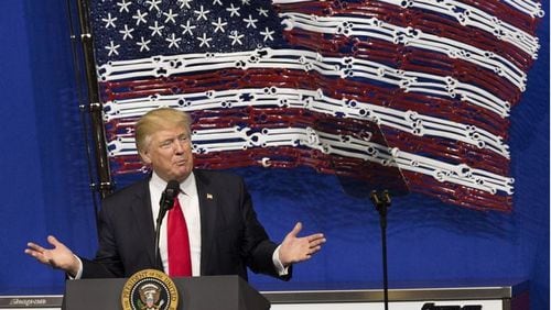 President Donald Trump, touting his “Buy American” agenda, spoke in Kenosha, Wis., on April 18, 2017. (Milwaukee Journal Sentinel/Mark Hoffman)