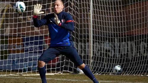 DENVER, CO- MARCH 18:  Goalkeeper Brad Guzan tends the goal during practice.  The U.S. Men's National Soccer team practices March 18th, 2013 at the soccer fields on the University of Denver Campus to prepare for the upcoming World Cup qualifiers against Costa Rica and Mexico.  The U.S. will face Costa Rica at sold-out Dick's Sporting Good Park on March 22nd, 2013. (Photo By Helen H. Richardson/ The Denver Post)