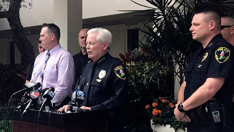 Jupiter, Fla., Police Chief Daniel Kerr speaks during a news conference Friday, Feb. 22, 2019, in Jupiter, Fla., where they announced that they have charged New England Patriots owner Robert Kraft with misdemeanor solicitation of prostitution. (Olivia Hitchcock/Palm Beach Post via AP)