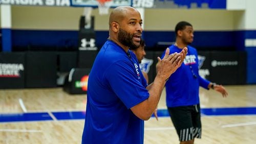 Georgia State basketball coach Jonas Hayes, shown here during summer workouts, had to remain in the locker room for the second half on Saturday's game against Louisiana because of lower back pain.