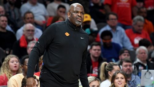 Hawks coach Nate McMillan reacts as he watches from the sideline during the second half of the NBA play-in tournament game against the Hornets on Wednesday night at State Farm Arena. Atlanta won 132-103. (Hyosub Shin / Hyosub.Shin@ajc.com)