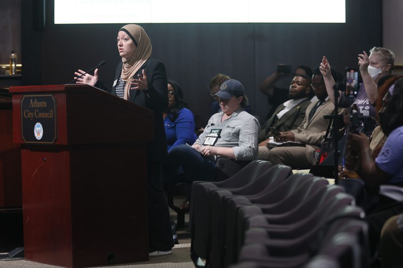 As the Council prepares to grant final approval to legislation funding the training center, State Rep Ruwa Romman voices her opposition to the planned Police Training Center at the Atlanta City Hall on Monday, June 5, 2023.
Miguel Martinez /miguel.martinezjimenez@ajc.com