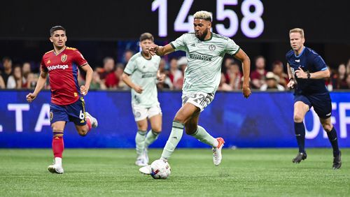 Atlanta United defender George Campbell #32 dribbles the ball during the match against Real Salt Lake at Mercedes-Benz Stadium in Atlanta, United States on Wednesday July 13, 2022. (Photo by Dakota Williams/Atlanta United)