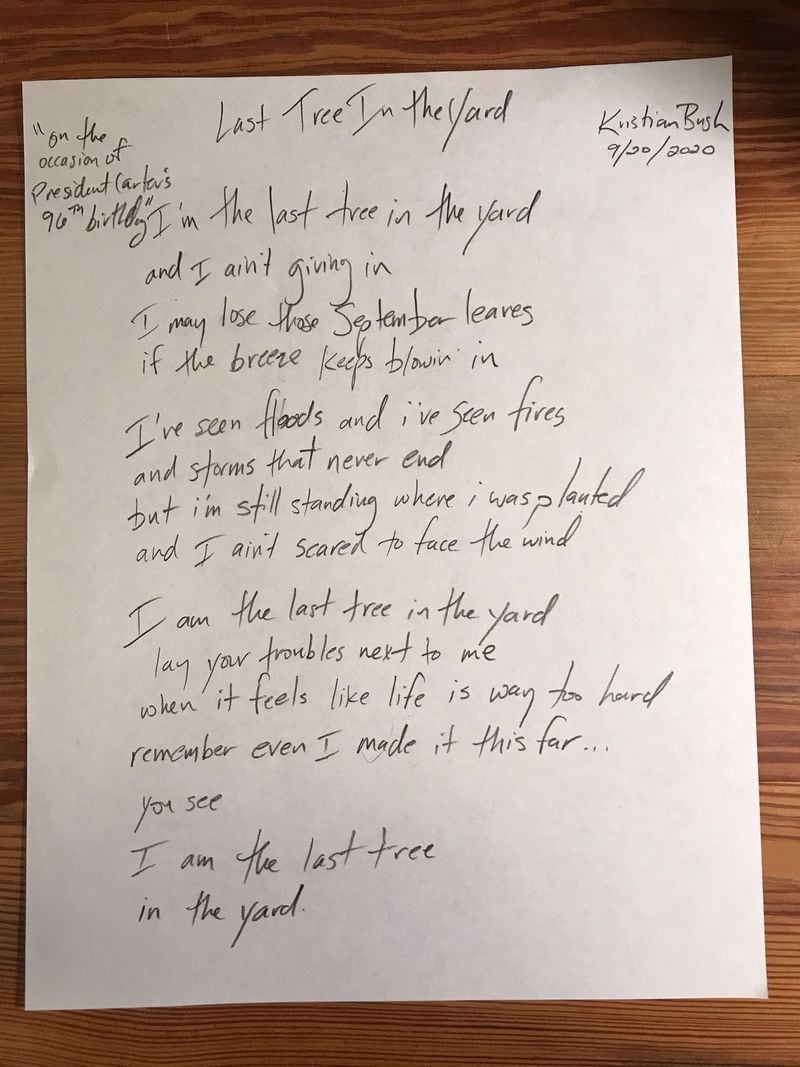The lyrics to Kristian Bush's original song, "The Last Tree in the Yard," that he penned for President Carter. Courtesy Kristian Bush