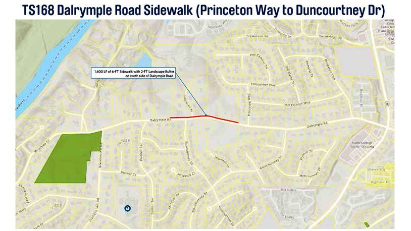 A planned sidewalk along Dalrymple Road in Sandy Springs would complete a pedestrian connection from Roswell to Brandon Mill roads. CITY OF SANDY SPRINGS