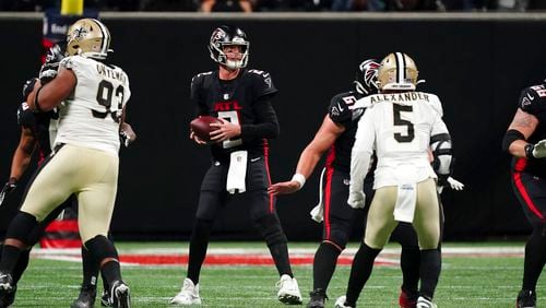 Atlanta Falcons quarterback Matt Ryan (2) works in the pocket against the New Orleans Saints during the second half of an NFL football game, Sunday, Jan. 9, 2022, in Atlanta. The New Orleans Saints won 30-20. (AP Photo/John Bazemore)