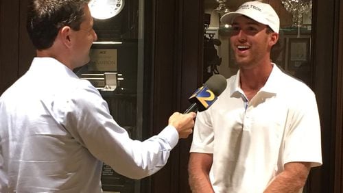 Georgia Tech senior Andy Ogletree talks with WSB-TV sports director Zach Klein on August 19, 2019 at the Tech golf team's offices after winning the U.S. Amateur the previous day in Pinehurst, N.C. (AJC photo by Ken Sugiura)