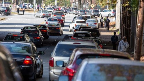 Traffic backs up on Astor Avenue SW near the Tyler Perry Studios on Sunday, November 22, 2020.  (Photo: Steve Schaefer for The Atlanta Journal-Constitution)