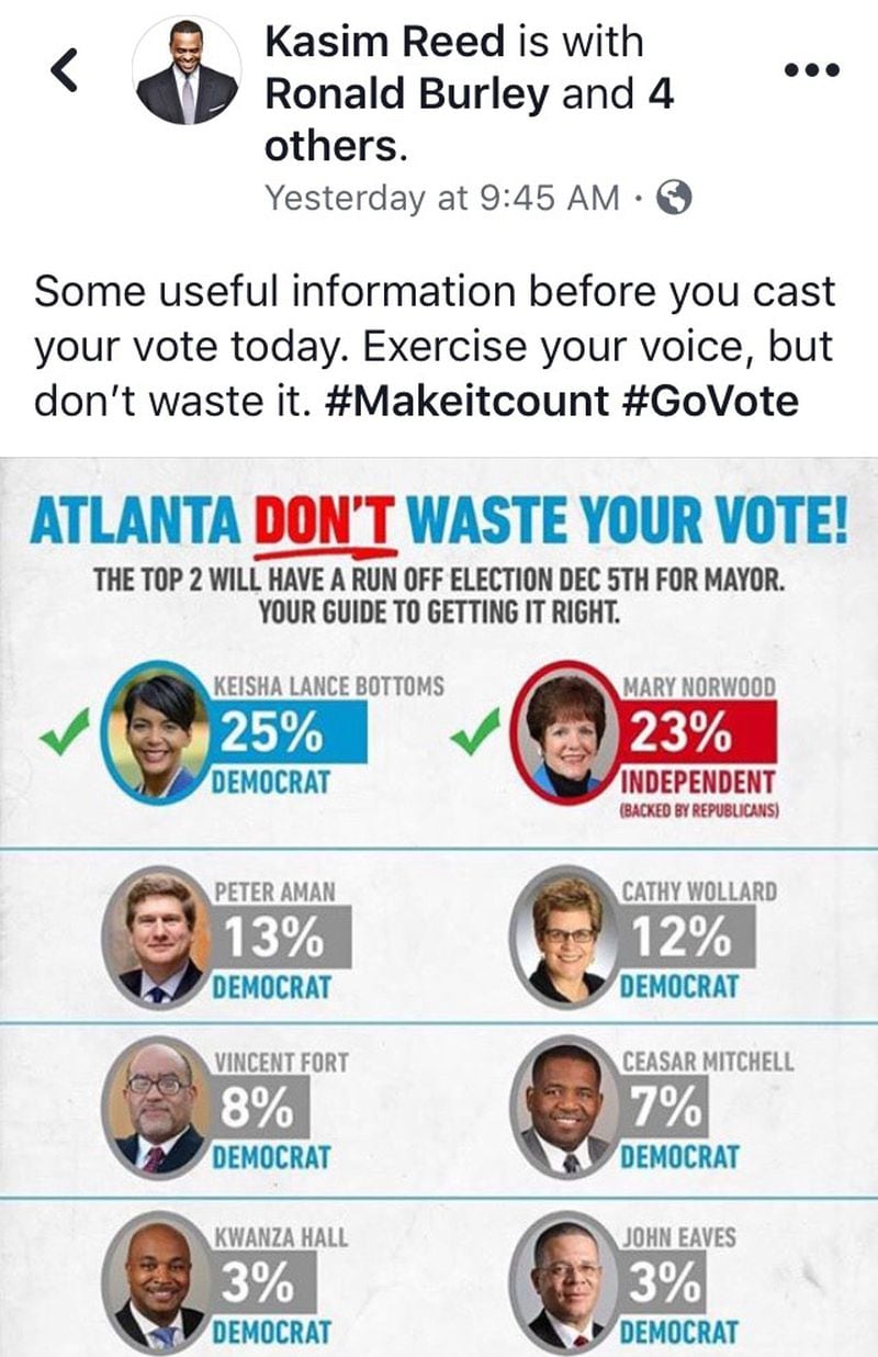 Before the general election for Atlanta mayor on November 7, 2017, Mayor Kasim Reed circulated a graphic urging residents not to waste their vote. Reed is pushing for City Councilwoman Keisha Lance Bottoms. 