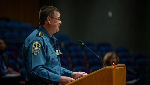 Chief of Police Brett West speaks to the Board of Commissioners. West told leaders Tuesday the department needs more space. (Rebecca Wright for the Atlanta Journal-Constitution) AJC FILE PHOTO