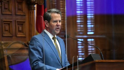 Gov. Brian Kemp delivers the State of the State address Thursday to lawmakers in the House Chambers. (Hyosub Shin / Hyosub.Shin@ajc.com)