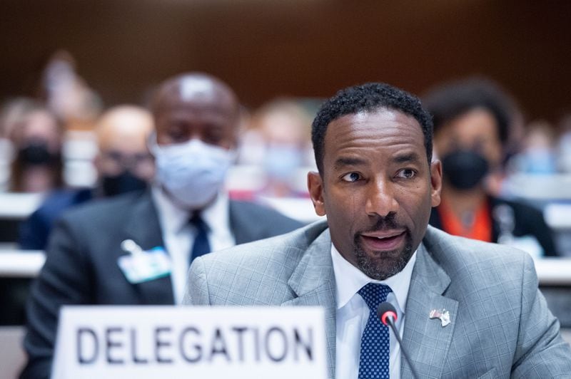 Mayor Andre Dickens speaks to the United Nations Human Rights Treaty Bodies Committee on the Elimination of Racial Discrimination on Thursday. (Photo via City of Atlanta)