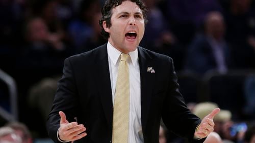 Georgia Tech's head coach Josh Pastner shouts to his team against TCU during the first half of an NCAA college basketball game in the final of the NIT Thursday, March 30, 2017, in New York. (AP Photo/Frank Franklin II)