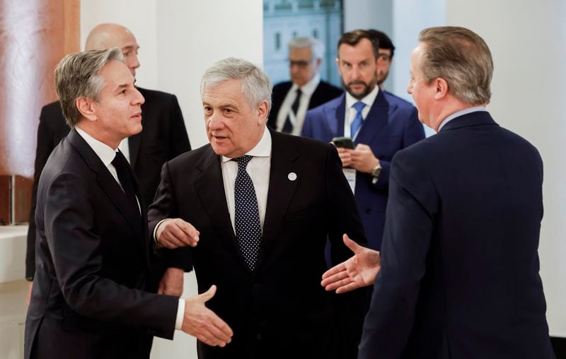 From left, U.S. Secretary of State Antony Blinken, Italian Foreign Minister Antonio Tajani and British Foreign Secretary David Cameron attend a meeting on the second day of a G7 foreign ministers meeting on Capri island, Italy, Thursday April 18, 2024. (Remo Casilli/Pool via AP)