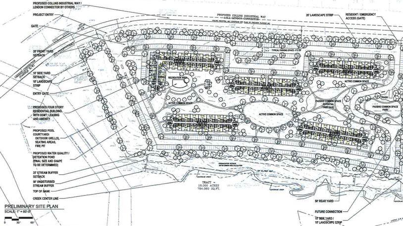Had it been approved, developers would have built 361 apartments as part of a mixed-use project on University Parkway between Buford Drive and Collins Hill Road. (Courtesy City of Lawrenceville)