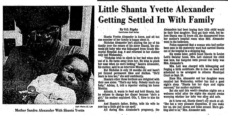This story about Shanta Yvette Alexander from The Atlanta Constitution in September 1981 appeared days after the baby was returned home. The photo accompanying the story showed a beaming Sandra Hughey holding tiny Shanta. (AJC Archives)