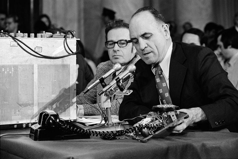 James McCord testifies at the Watergate Hearings, in Washington, on May 22, 1973. McCord, a security expert who led a band of burglars into the shambles of the Watergate scandal and was the first to expose the White House crimes and cover-ups that precipitated the downfall of the Nixon administration in 1974, died on June 15, 2017, at his home in Douglassville, Pennsylvania. He was 93. (Mike Lien/The New York Times)