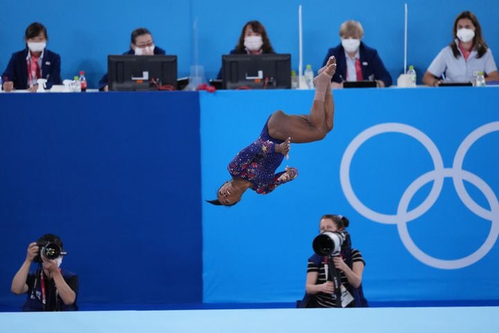 Simone Biles of United States during women's qualification for the Artistic Gymnastics final at Ariake Gymnastics Center in Tokyo on Sunday, July 25, 2021.  (Doug Mills/The New York Times)