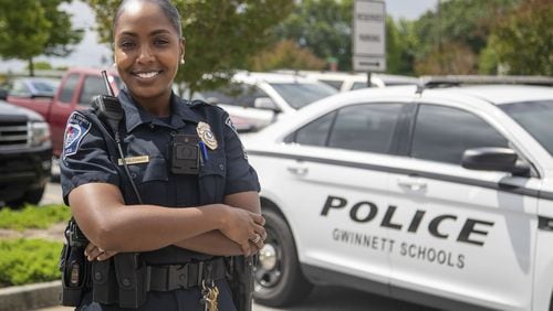 Gwinnett County Schools Police Officer Trakida Maldonado is assigned to Twin Rivers Middle School in Buford. Since the March order from Gov. Brian Kemp that students attend class at home, her duties have changed significantly. ALYSSA POINTER / ALYSSA.POINTER@AJC.COM