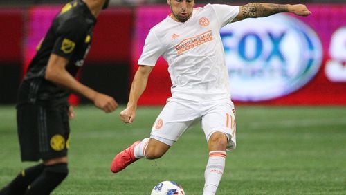 Atlanta United midfielder Eric Remedi works against Columbus Crew during the second half in a MLS soccer match on Sunday, August 19, 2018, in Atlanta.  Curtis Compton/ccompton@ajc.com
