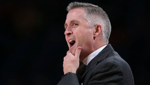 Georgia Tech head coach Brian Gregory looks on in the first half of an NCAA college basketball game against the Clemson Tuesday, Feb. 23, 2016, in Atlanta. (AP Photo/John Bazemore)