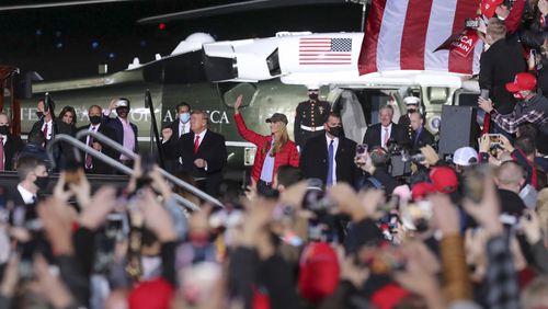 1/4/21 - Dalton, GA - The helicopter carrying  President Donald Trump arrives at a rally in Dalton, GA, at a campaign event for Senators David Perdue and Kelly Loeffler on the eve of the special election which will determine control of the U.S. Senate.   (Curtis Compton / Curtis.Compton@ajc.com)  