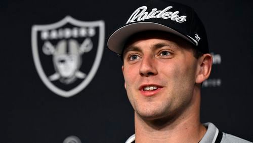 Las Vegas Raiders first-round draft pick Brock Bowers speaks at an NFL football news conference Friday, April 26, 2024, in Henderson, Nev. (AP Photo/David Becker)