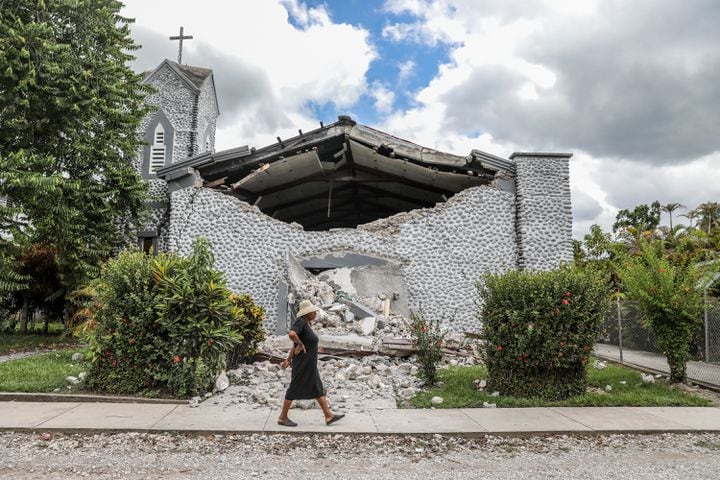 A church damaged by an earthquake in Camp-Perrin, Haiti, on Sunday, Aug, 15, 2021. (Valerie Baeriswyl/The New York Times)