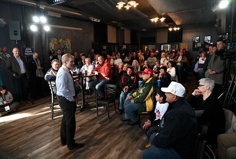 U.S. Rep. Jim Jordan speaks in front of former president Donald Trump supporters during a Team Trump campaign event at ShinyTop Brewery in Fort Dodge, Iowa, ahead of that state's caucus. (Hyosub Shin/The Atlanta Journal-Constitution/TNS)