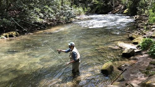 Frazer Breckenridge enjoys plenty of social distance while also getting in a little fly-fishing at the Chattahoochee Wildlife Management area near Helen. (Steve Hummer/Staff)