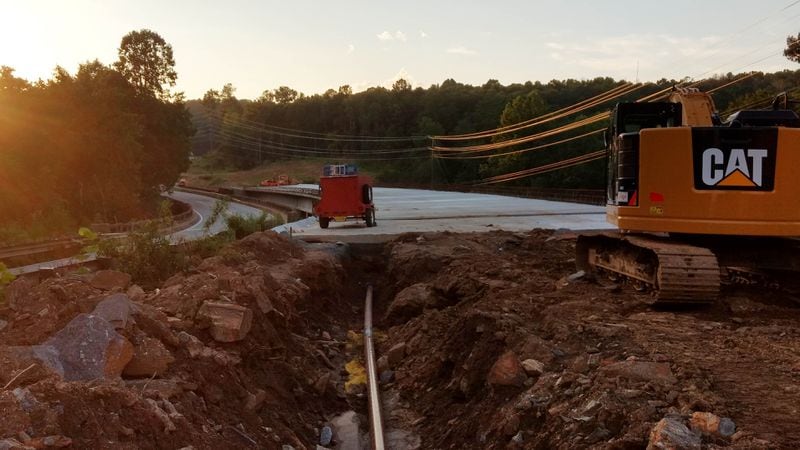 Arnold Mill Road construction from the other end of the bridge. Photo taken Aug. 5, 2018. (Brian O'Shea / bposhea@ajc.com)