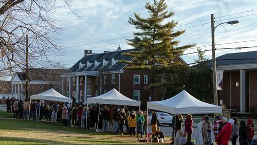 A line of people waiting to enter Hughes Chapel on the campus of Asbury University in Wilmore, Ky., on Feb. 19, 2023. The school said around 50,000 people from around the country had descended on the chapel in the last two weeks. (Jesse Barber/The New York Times)