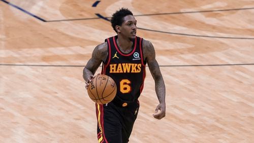 Atlanta Hawks guard Lou Williams (6) drives down court against the New Orleans Pelicans in the second quarter of an NBA basketball game in New Orleans, Friday, April 2, 2021. (AP Photo/Derick Hingle)
