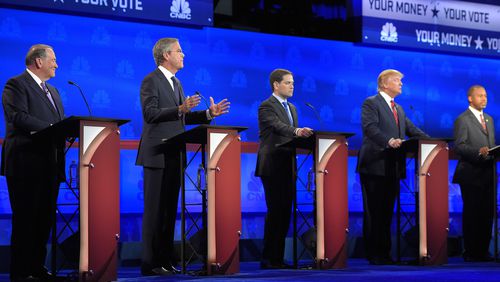 Jeb Bush, second from left, is flanked by Mike Huckabee, left, Marco Rubio, center, Donald Trump, second from right, and Ben Carson during the CNBC Republican presidential debate at the University of Colorado last week. AP/Mark J. Terrill