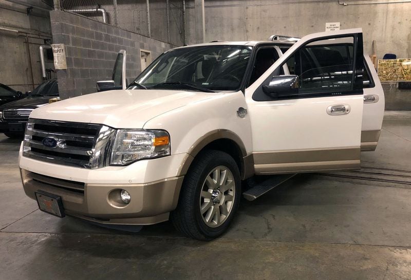 4/16/18 - Atlanta - McIvers’ Ford Expedition, where the shooting took place, in the basement of the courthouse after the jury had a chance to look at it during the Tex McIver murder trial at the Fulton County Courthouse on Thursday, April 12, 2018. PHOTO COURTESY OF THE FULTON COUNTY SHERIFF’S DEPARTMENT
