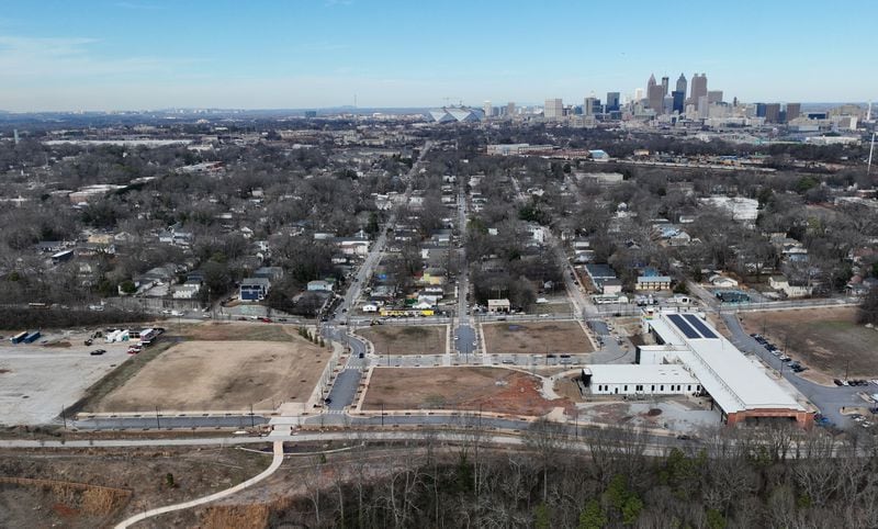 Aerial photograph of Pittsburgh Yards, a mixed-use development that spans 31 acres off University Avenue along the Beltline in southwest Atlanta, Tuesday, Jan. 24, 2023. (Hyosub Shin / Hyosub.Shin@ajc.com)