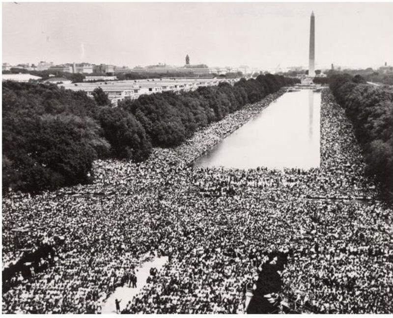 An estimated 250,000 people turned out for the peaceful march in 1963, calling for jobs and civil rights. News reports from the time said many feared the march would end in violence. National Archives