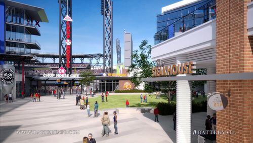 This artist’s rendering of The Battery Atlanta next to Truist/Suntrust Park shows what many hope will be reality soon when they can shop, dine and view the Atlanta Braves again in person. AJC file photo