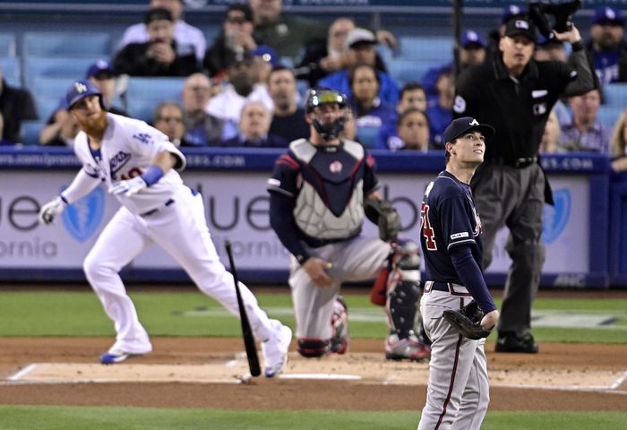 Photos: Braves, Fried hit hard - literally - by Dodgers