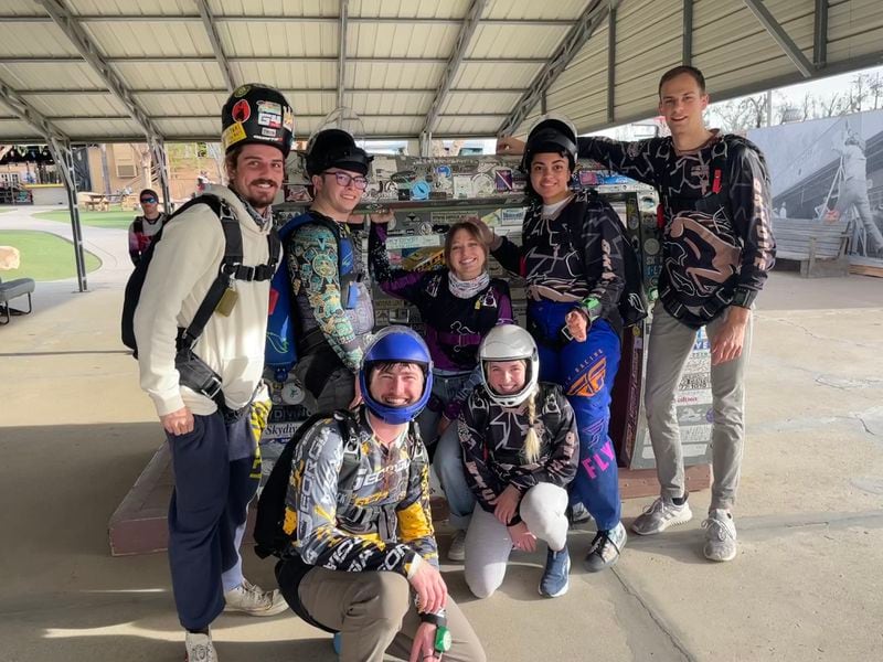 Broadhead (bottom left) poses with skydiving friends from Western Michigan University and UC Berkeley at the 2023 USPA competition in Lake Elsinore, CA.