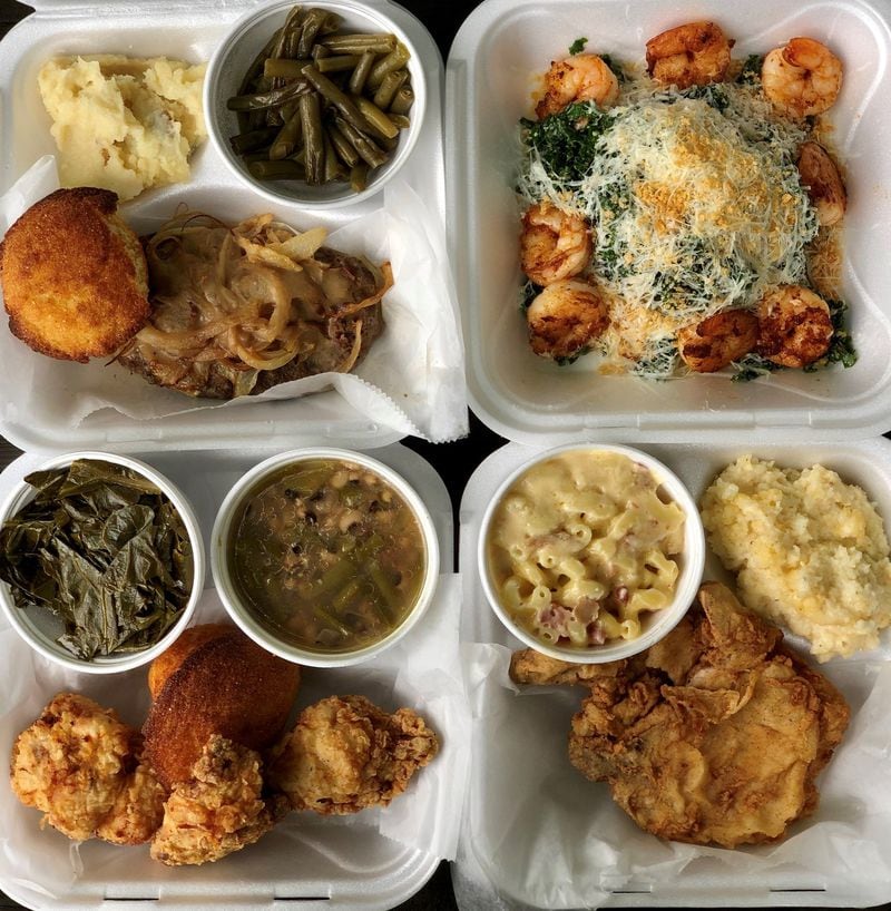 A selection of takeout plates from Bare Bones Steakhouse features chopped steak, kale Caesar, fried pork chops and fried chicken with sides. CONTRIBUTED BY WENDELL BROCK