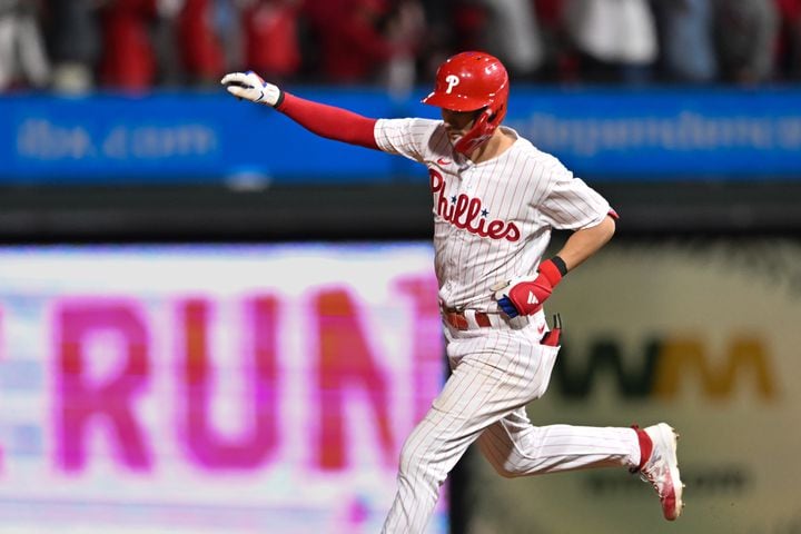 Philadelphia Phillies shortstop Trea Turner rounds the bases after he hits a solo home run against the Atlanta Braves during the sixth inning of NLDS Game 3 in Philadelphia on Wednesday, Oct. 11, 2023.   (Hyosub Shin / Hyosub.Shin@ajc.com)