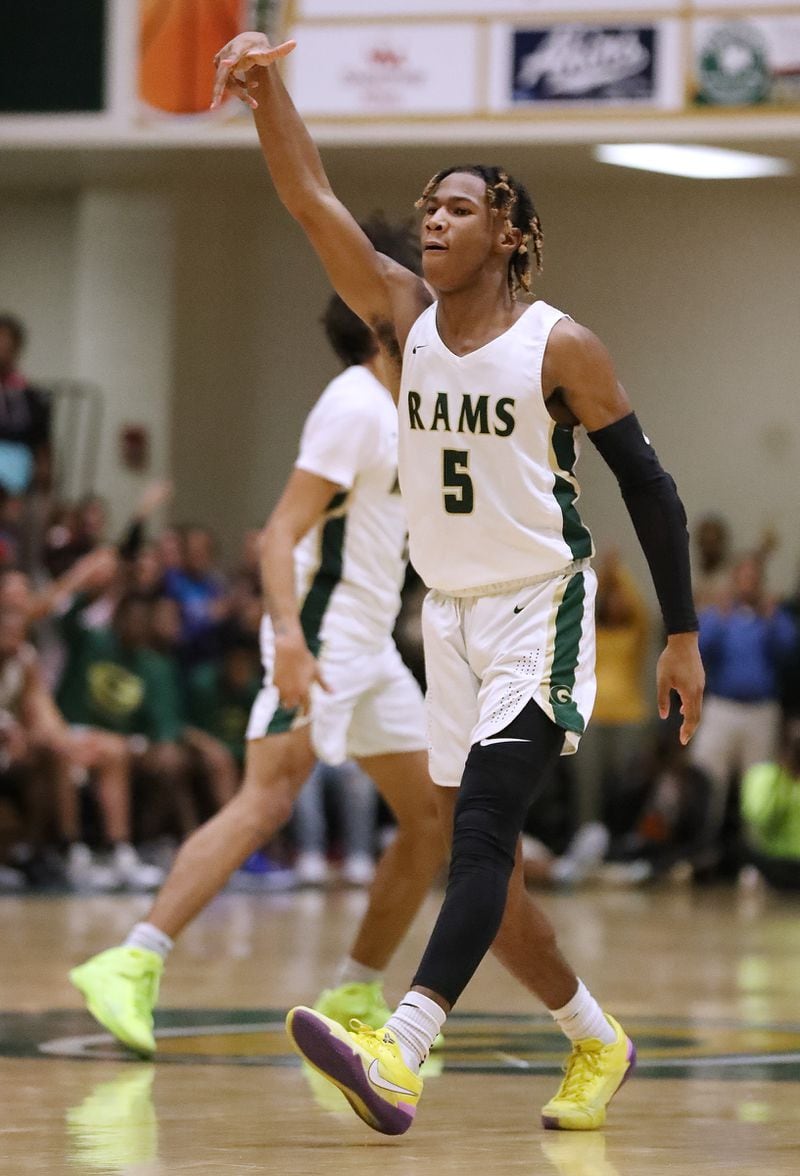 Grayson Rams' Deivon Smith reacts to a three-pointer against Norcross in their Class 7A quarterfinal game Wednesday, Feb. 26, 2020, at Grayson High School in Loganville. (Curtis Compton ccompton@ajc.com)