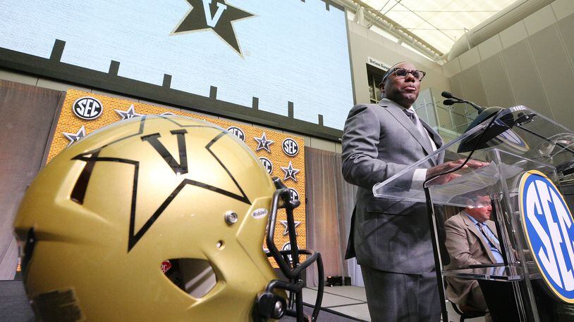 Vanderbilt coach Derek Mason holds his SEC Media Days news conference at the College Football Hall of Fame on Thursday, July 19, 2018, in Atlanta.  Curtis Compton/ccompton@ajc.com