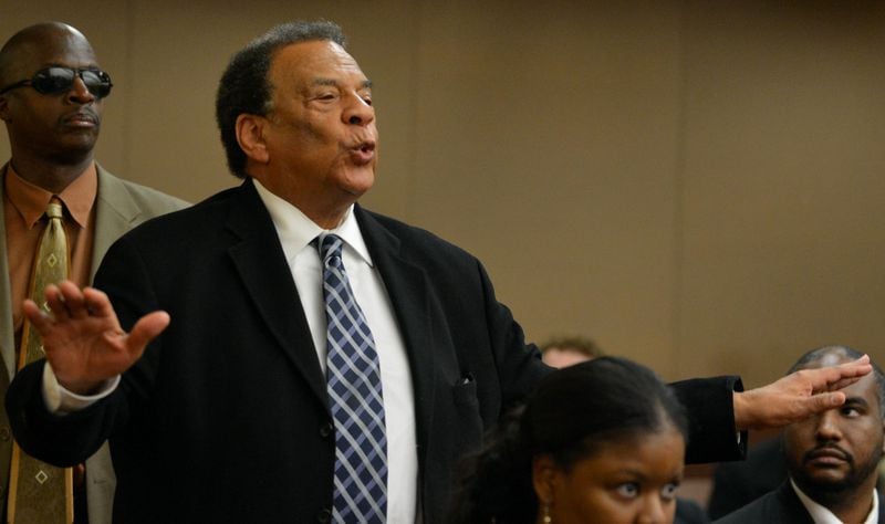 Former U.N. Ambassador Andrew Young speaks in court after an outburst about not having Beverly Hall stand trial as Superior Court Judge Jerry Baxter presides over a hearing Monday, April 7, 2014 to determine whether to grant Beverly Hall's request to delay her trial on racketeering charges. KENT D. JOHNSON / KDJOHNSON@AJC.COM